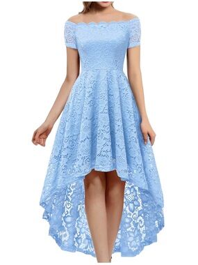 DRESSYSTAR Off Shoulder Light Blue Lace High Low Dress XL